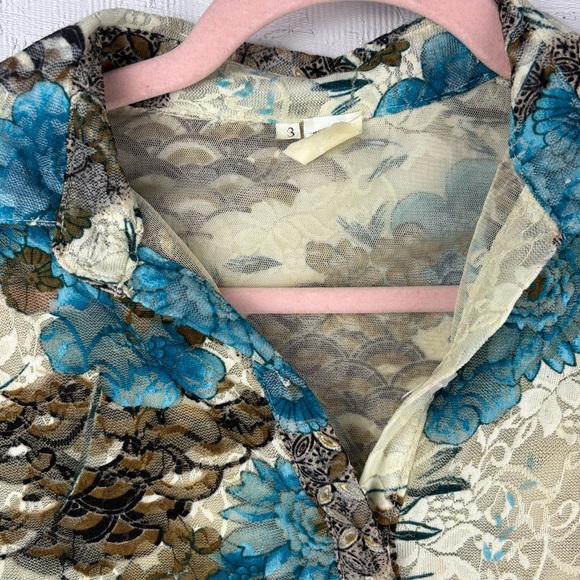 VTG Ivory Lace Floral Mesh Patterned Button-Up Shirt Sheer Layered Sz Medium - Picture 9 of 11